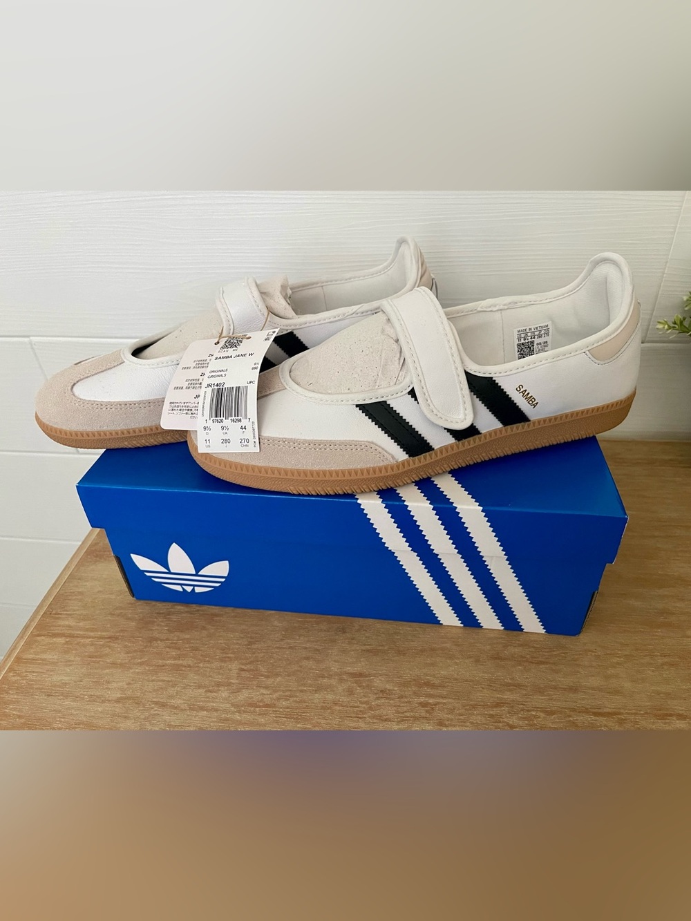 adidas Samba Strap Sneakers in White with Black Stripes and Gum Sole